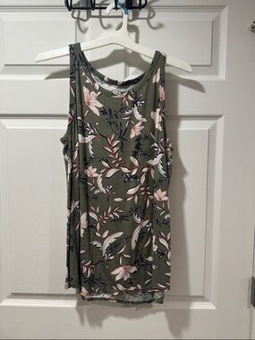 Maurices Olive Floral Tank Top with Pink & Cream Blooms